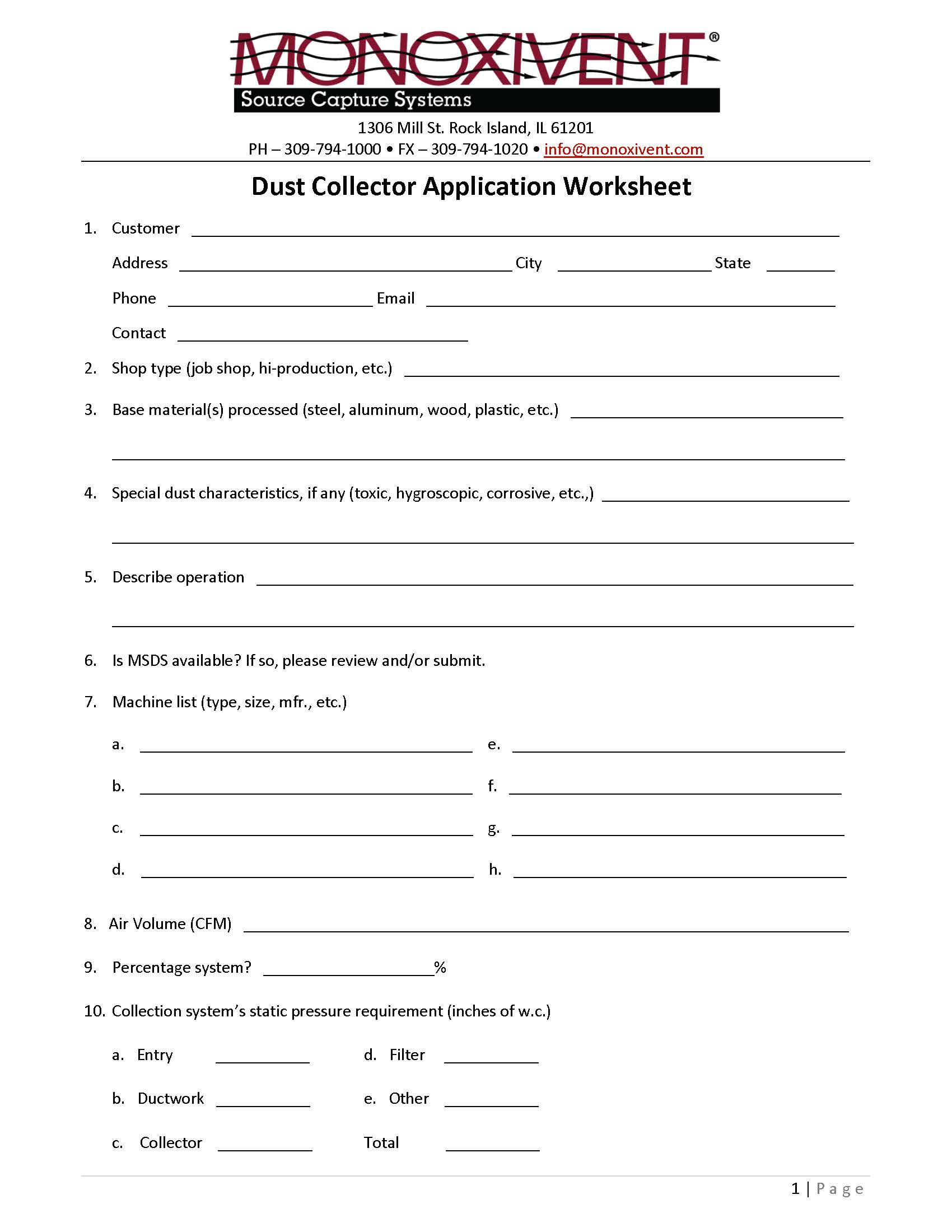 Dust Collection Application Worksheet